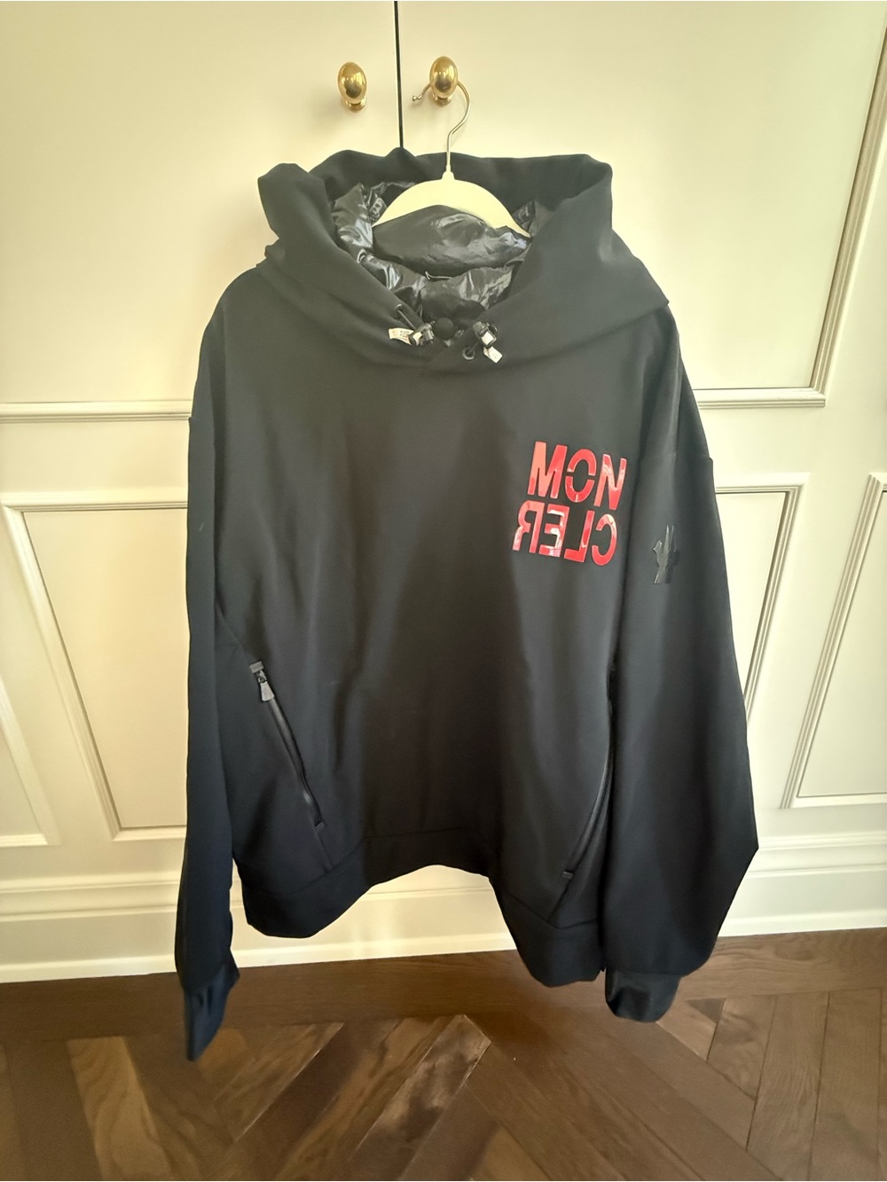 Moncler Black Hooded Sweatshirt with Red Logo Print